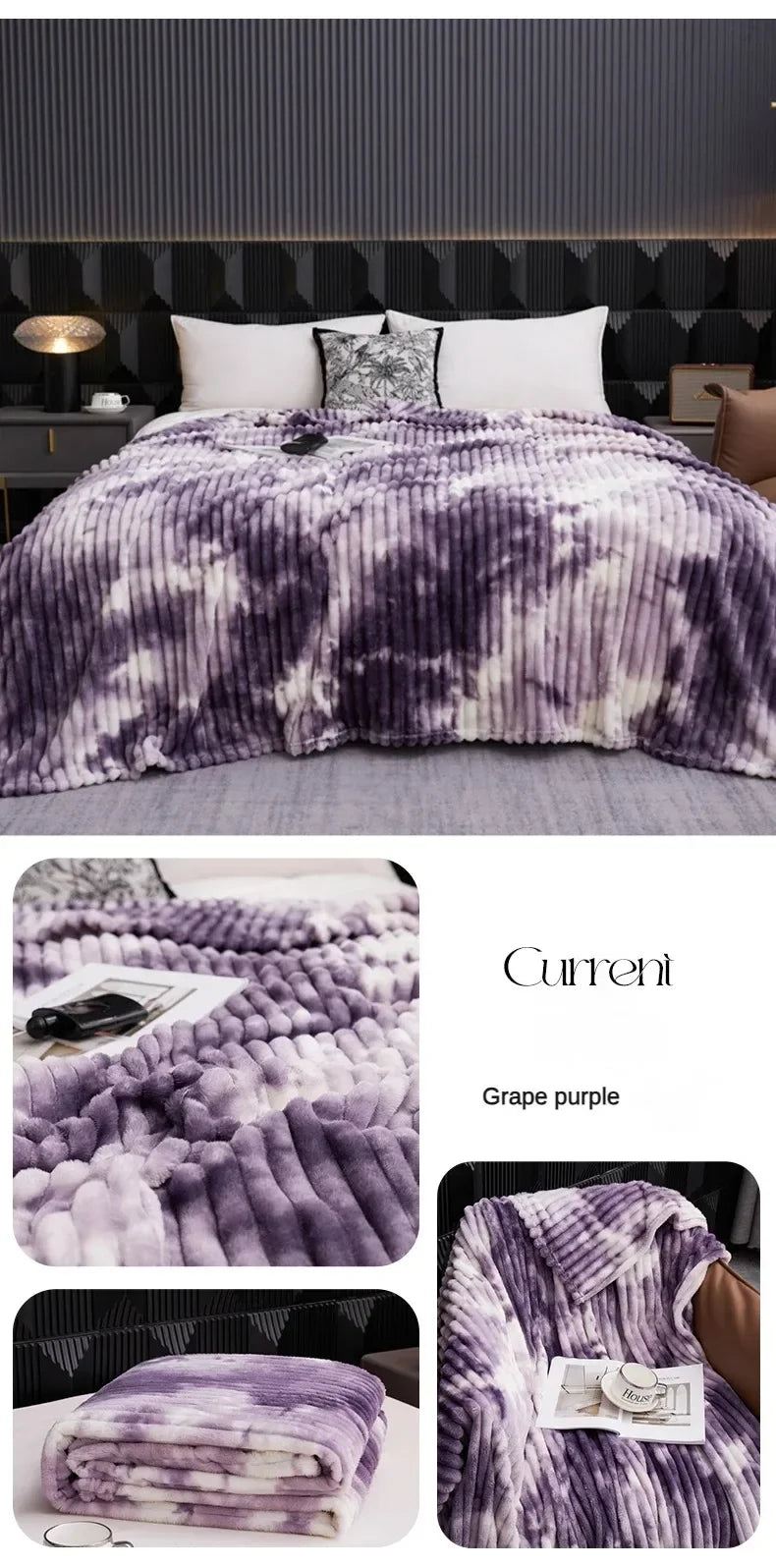 A purple and white tie-dye flannel fleece throw blanket draped over a bed.