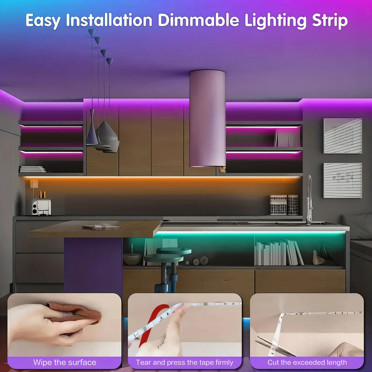 Installation of a dimmable lighting strip in a modern kitchen cabinet setup.