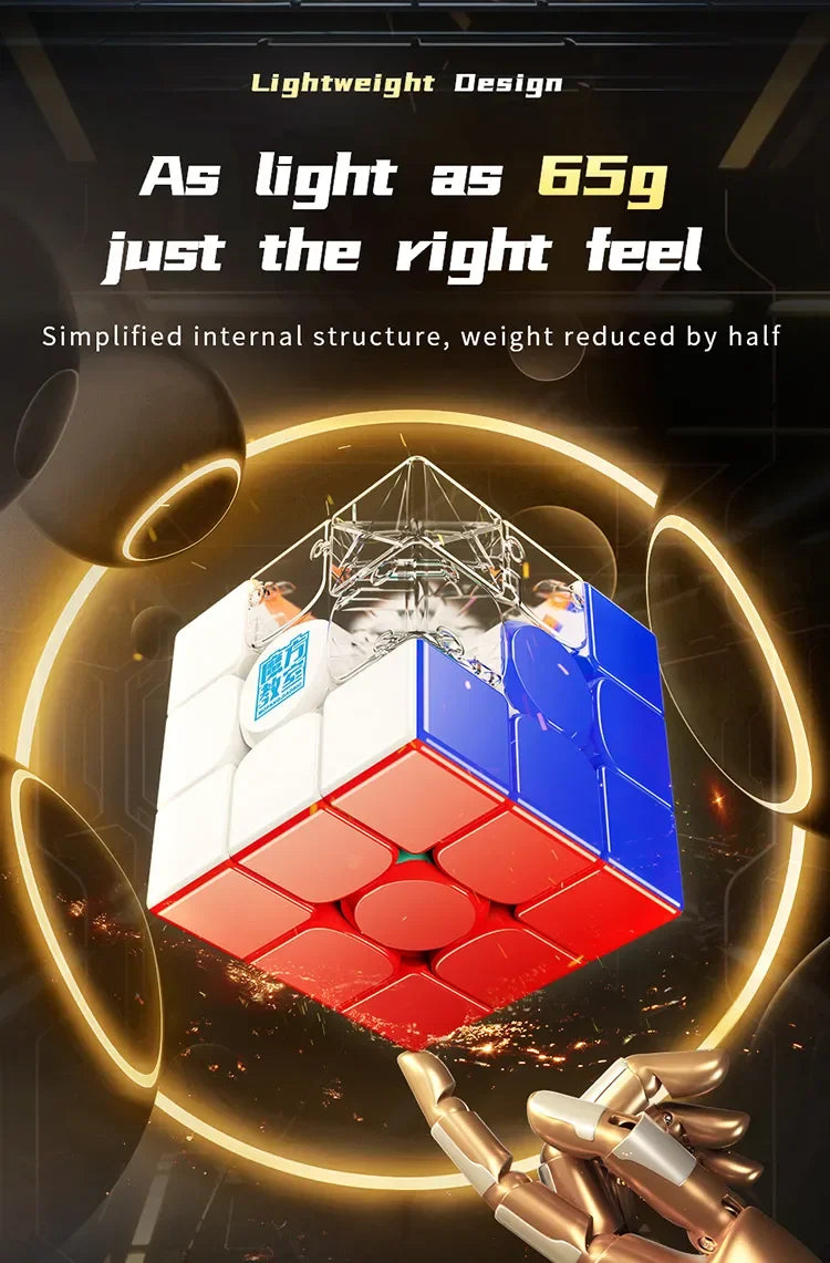 A close-up view of a red and blue magnetic speed cube with a clear internal structure, held by a hand.