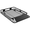 Black heavy-duty universal roof rack cargo basket with a flat tray for securing items