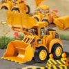 A yellow diecast push-play excavator and bulldozer construction vehicle set on a gray surface.