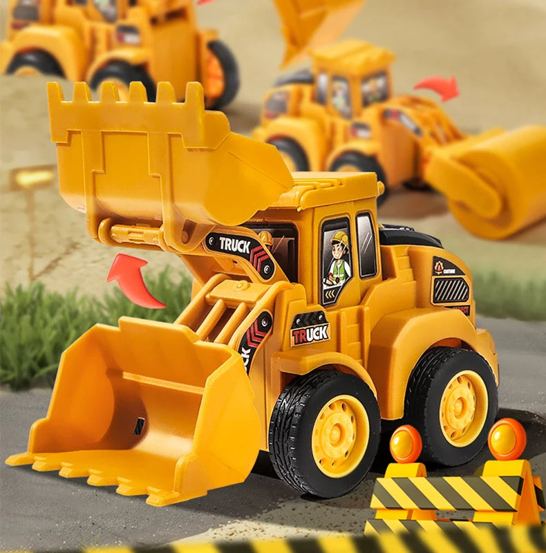 A yellow diecast push-play excavator and bulldozer construction vehicle set on a gray surface.