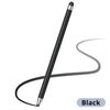 A black precision dual-tip capacitive stylus is shown with a curved line beneath it.