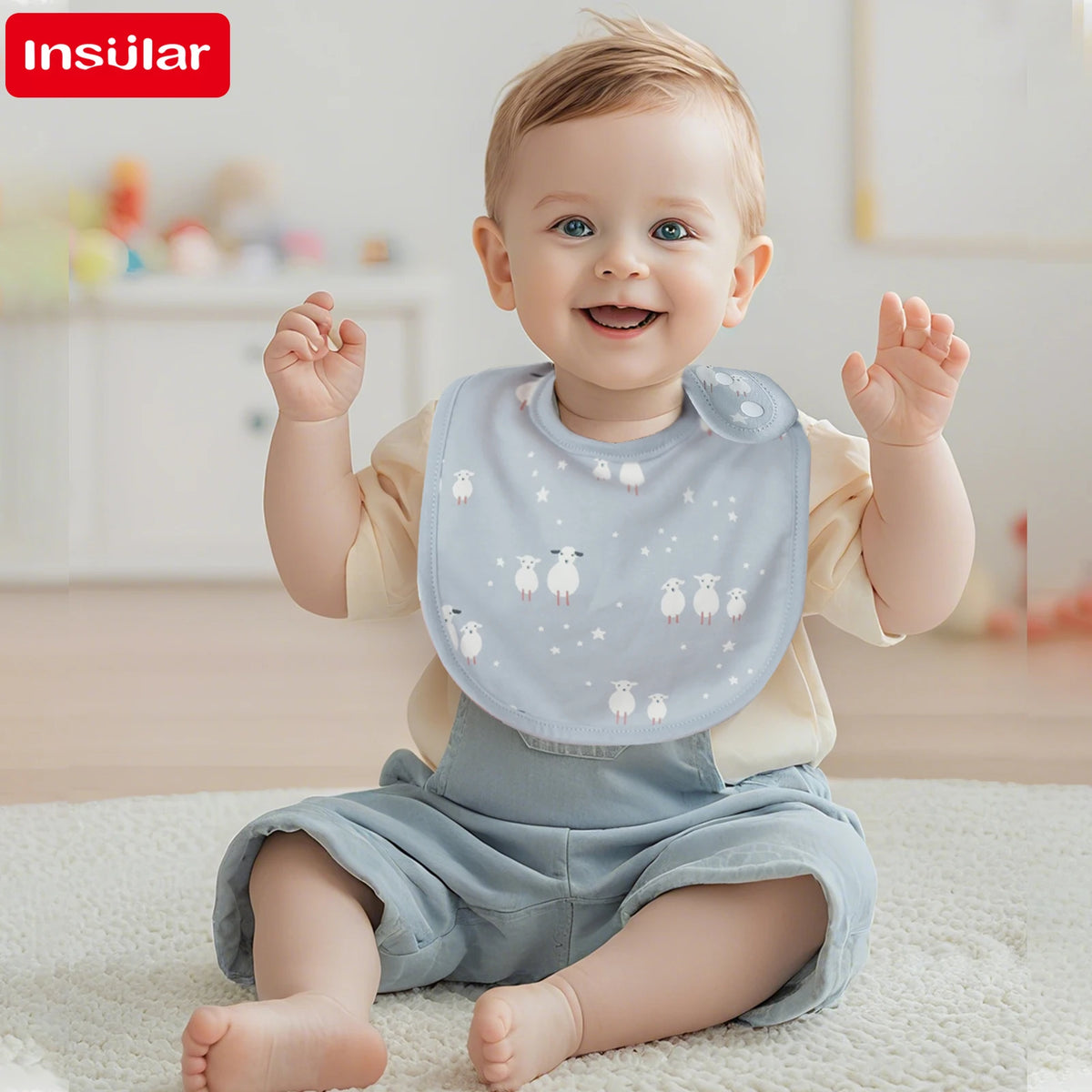 A smiling baby wearing a light blue cotton bib with white animal designs, sitting on a white rug.