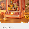 A pink doll machine with various stuffed animal figures inside, illuminated by warm lights.