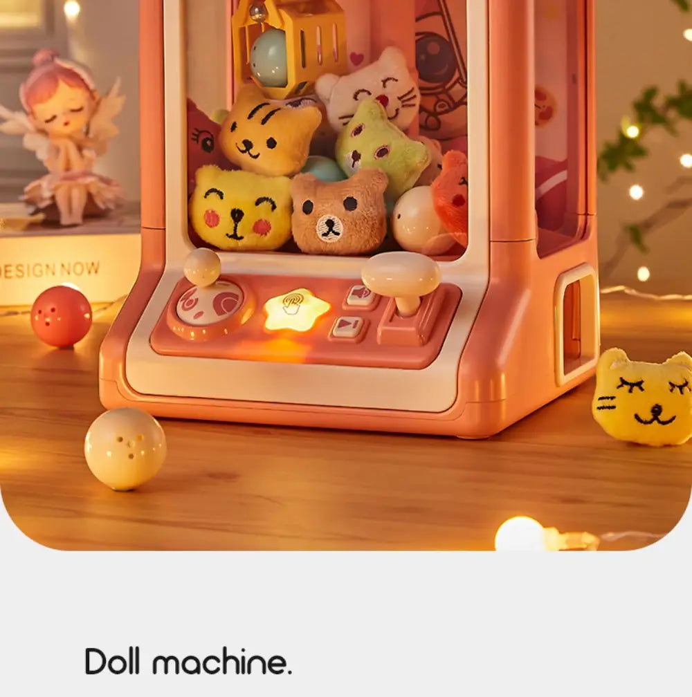 A pink doll machine with various stuffed animal figures inside, illuminated by warm lights.