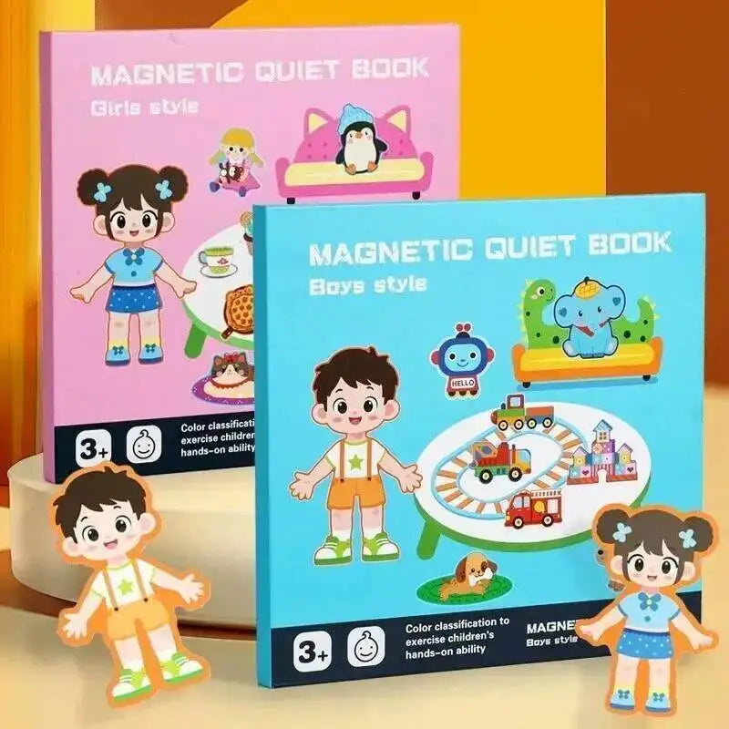 A set of magnetic quiet books for children featuring figures and color classification activities.