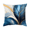 Abstract leaf print cushion cover featuring blue and white feathers with gold accents