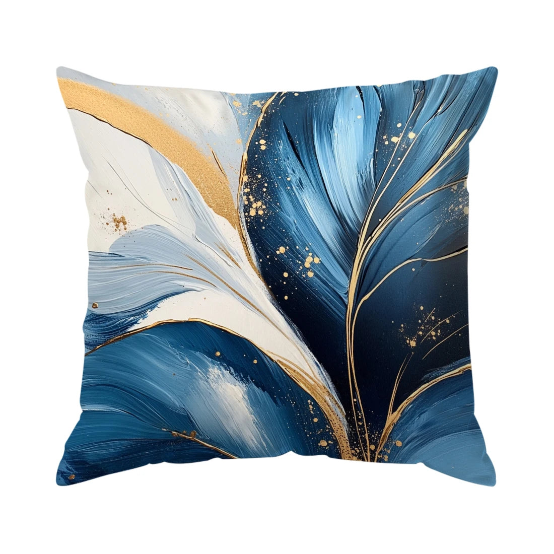 Abstract leaf print cushion cover featuring blue and white feathers with gold accents