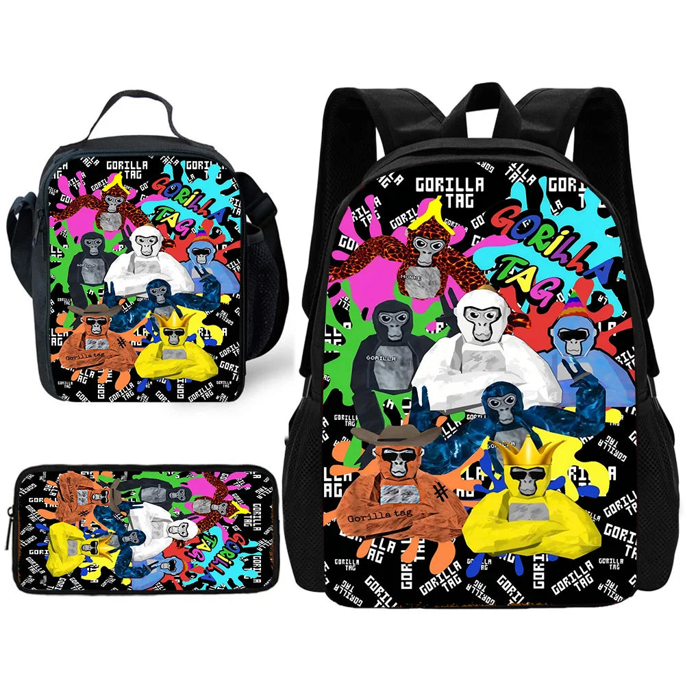 Cartoon Gorilla Kids School Backpack Set with Lunch Bag and Pencil Case