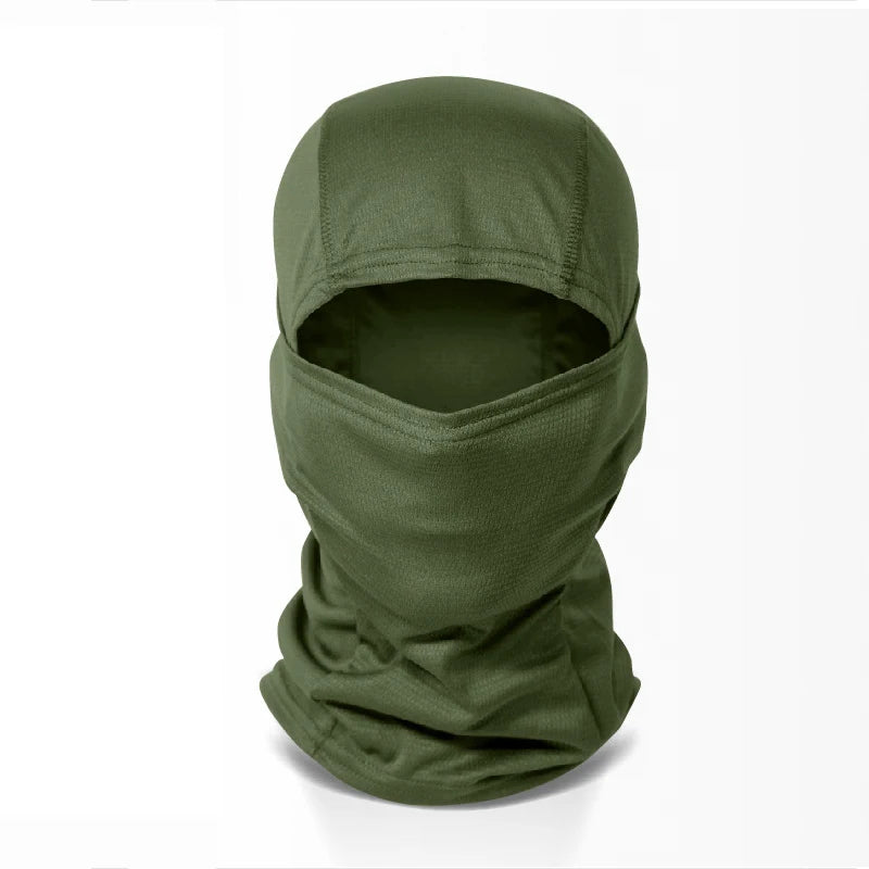 Olive green stretchy breathable balaclava cap worn on a mannequin.