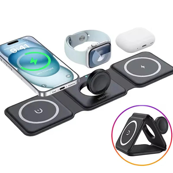 Set magnetischer faltbarer kabelloser Ladegeräte inklusive Smartwatch, Powerbank und Ladefläche.