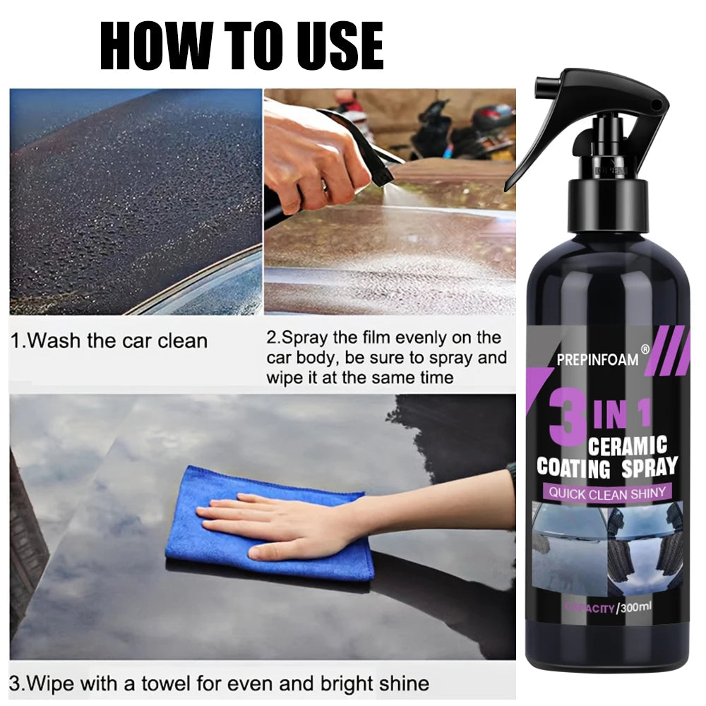 Bouteille de spray de revêtement céramique Prepinfoam 3-en-1 pour la protection de voiture, avec instructions d'utilisation.