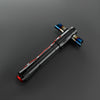 A black lightsaber with a metallic hilt and blue accents is displayed against a dark gray background.