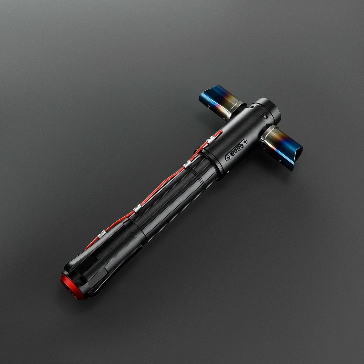 A black lightsaber with a metallic hilt and blue accents is displayed against a dark gray background.