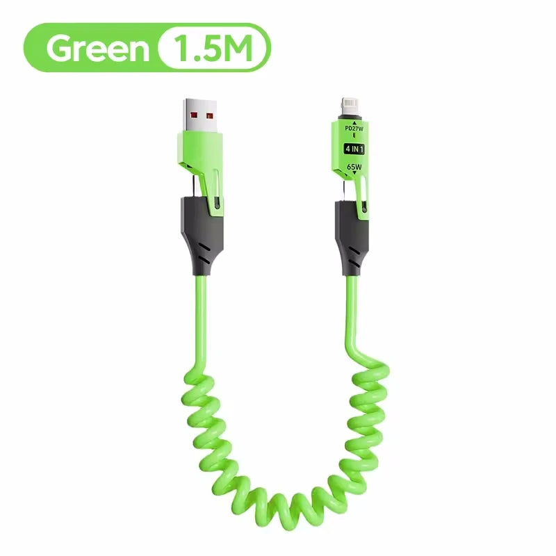 Green 1.5M retractable fast charging cable with USB-C and Lightning connectors