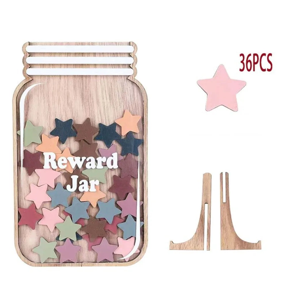 A wooden reward jar with multiple wooden star shapes for positive behavior