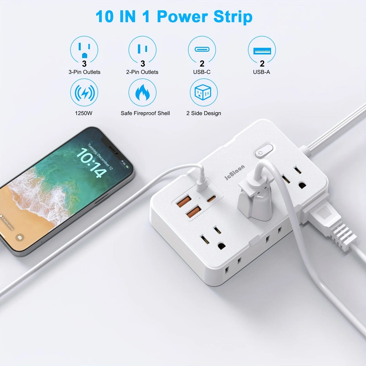 Une multiprise blanche 10 en 1 avec diverses prises et ports USB à côté d'un smartphone.