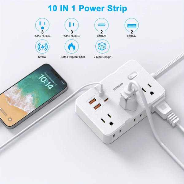 Ultraflacher Steckerleiste mit 6 Steckdosen und 4 USB-Anschlüssen