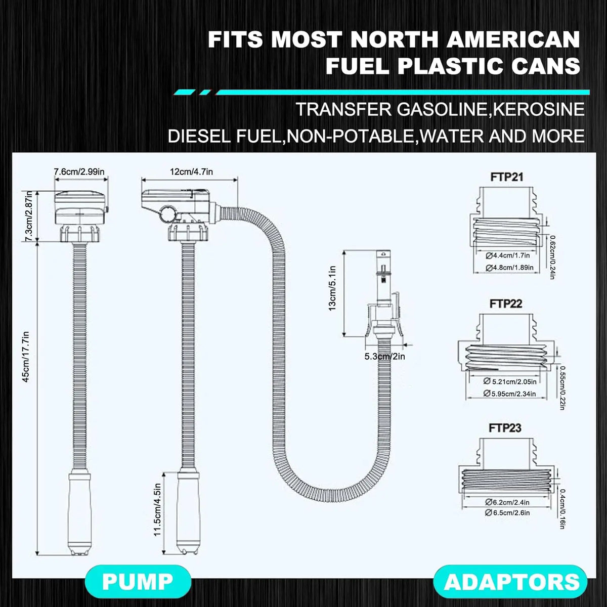 Diagram showing various fuel transfer pumps and adapters for gasoline, kerosene, diesel, and other fuels.