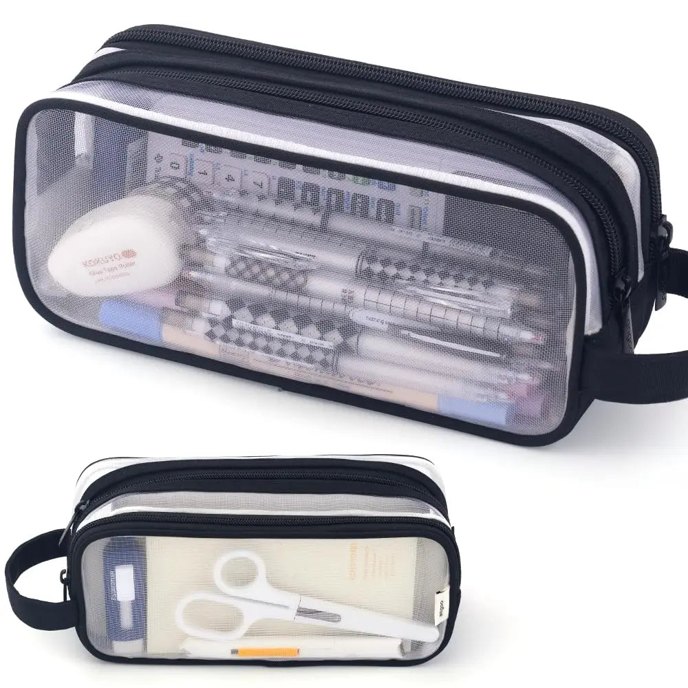 A clear mesh pencil case with a black exterior holding various school and office supplies like pencils and scissors.