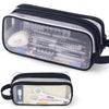 Clear mesh pencil case with a black exterior holding various school and office supplies