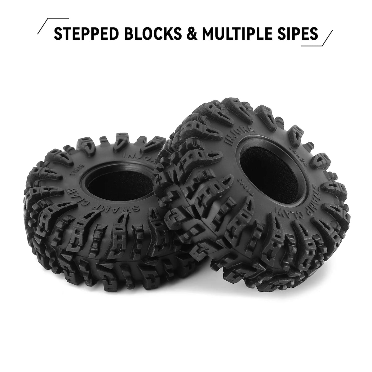 Two black Swamp Claw mud terrain tires for 1/18 and 1/24 RC crawlers