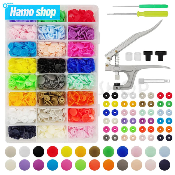 A variety of colorful resin buttons and fasteners in various shapes and colors are displayed in a plastic kit for sewing and 