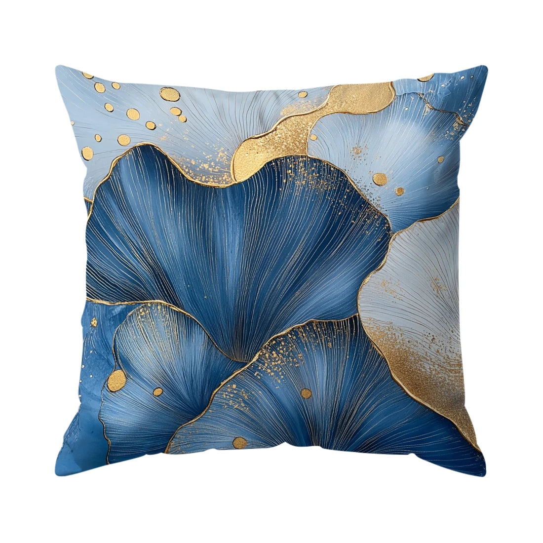A square cushion cover featuring abstract blue leaf patterns with gold accents.