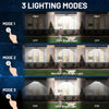 Three lighting modes of a solar powered motion sensor security light demonstrating off, bright light, and dim settings.
