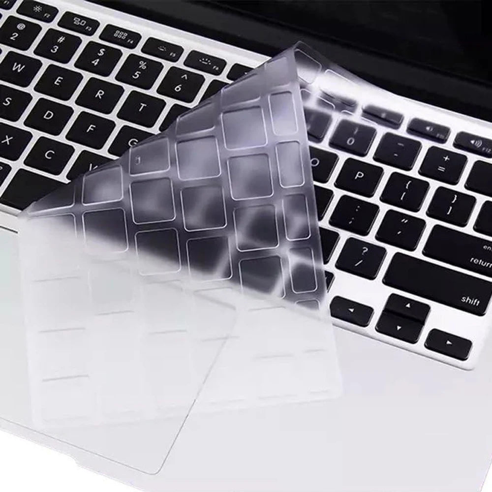 Clear silicone keyboard cover for a MacBook, showing the texture and shape of the keys.