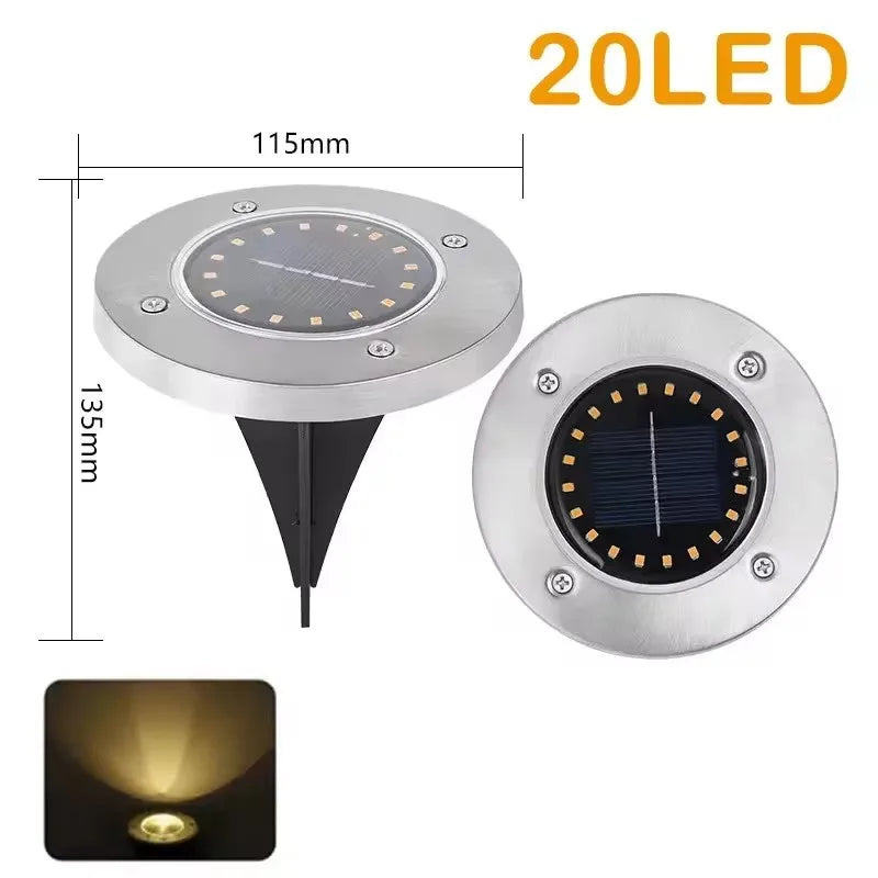 A 20LED solar pathway light featuring a stainless steel housing and an ABS lens, shown with its mounting details.