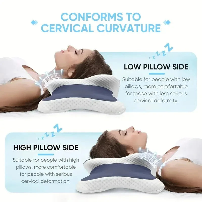 A dual height memory foam cervical pillow shown in use for neck pain relief, demonstrating low and high side support.