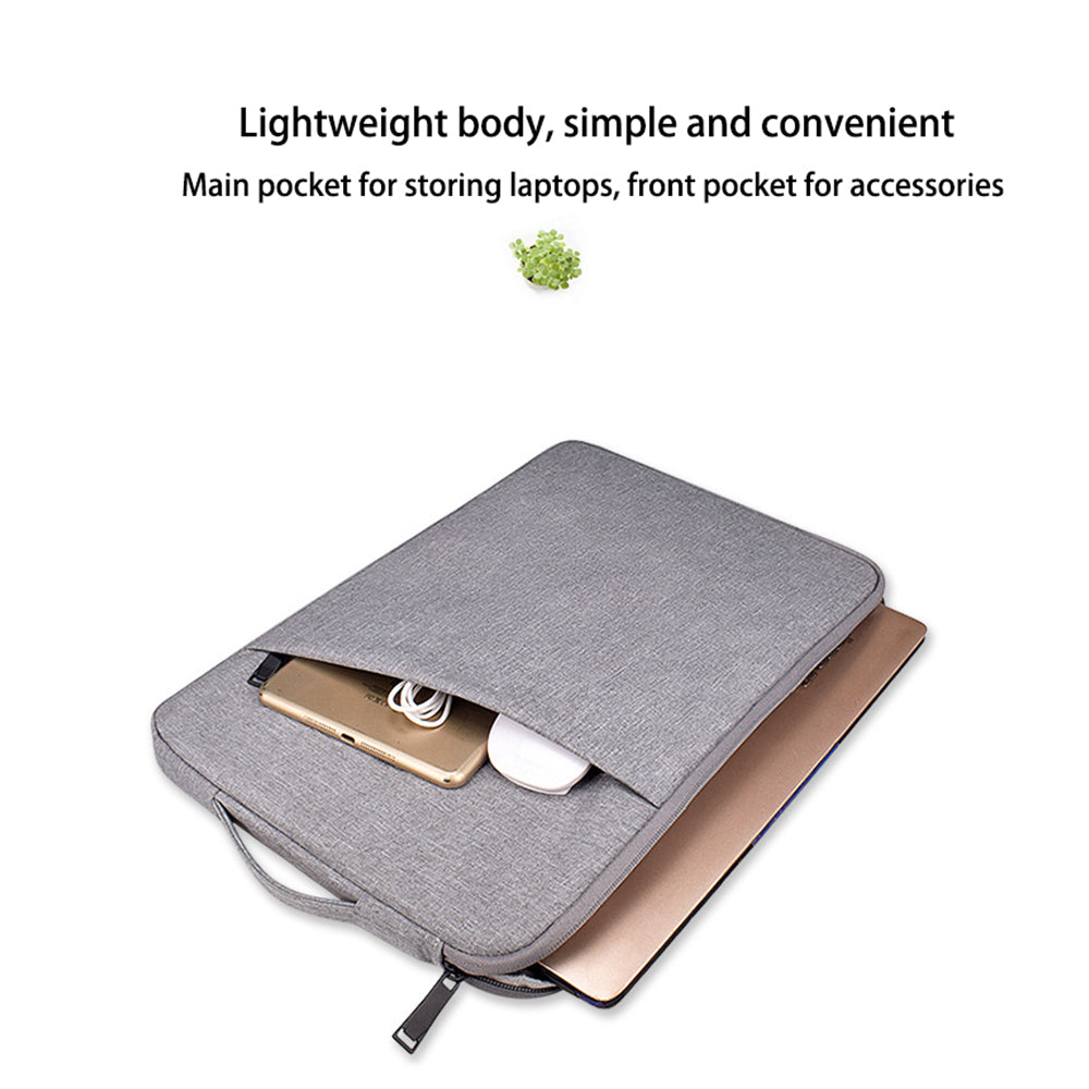 A gray waterproof laptop sleeve with a handle is shown, featuring a main pocket for a laptop and a front pocket for accessori