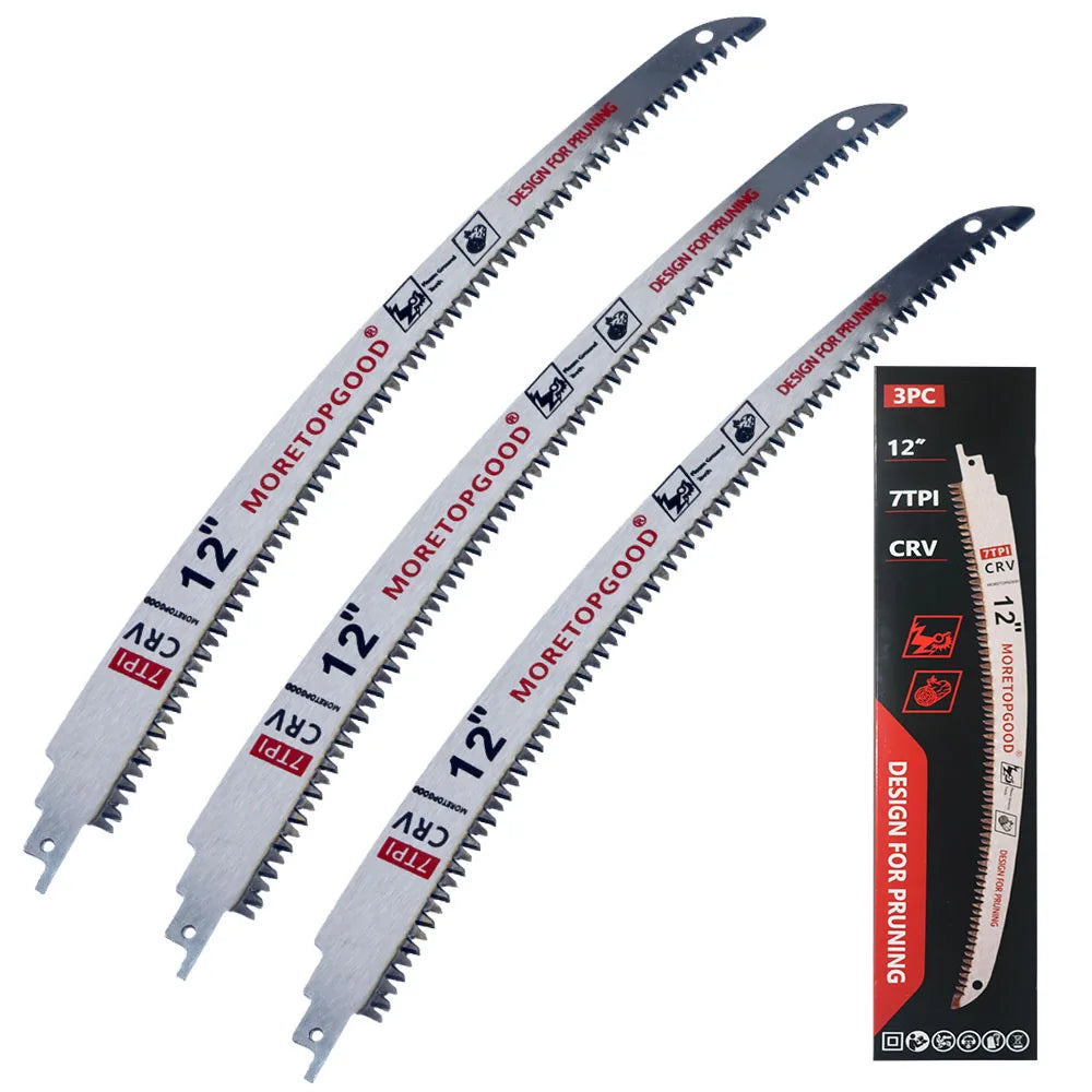 Three 12 inch design for pruning reciprocating saw blades with serrated teeth