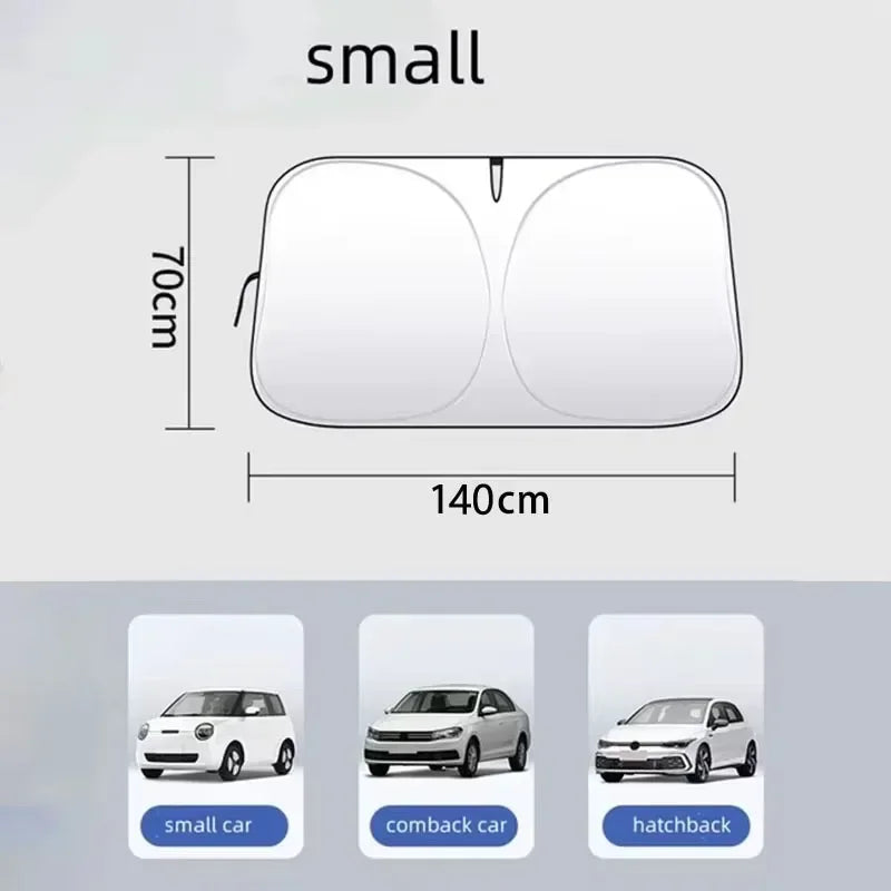 A diagram showing the dimensions of a small foldable car windshield sunshade, measuring 70cm in height and 140cm in width.