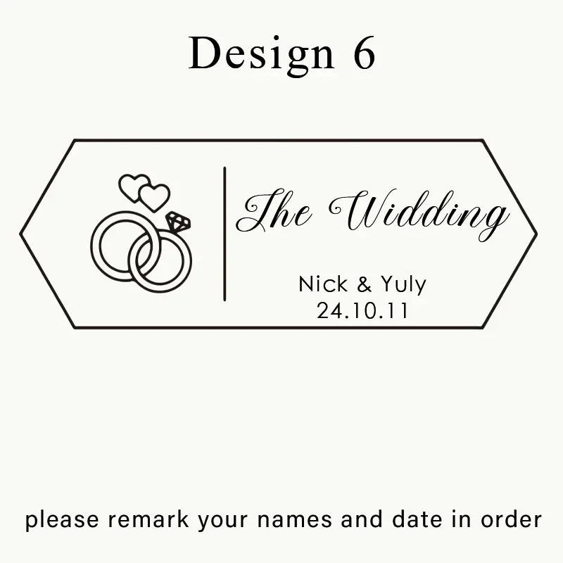 Design 6 featuring a line drawing of wedding rings and text for Nick & Yuly's wedding on 24.10.11