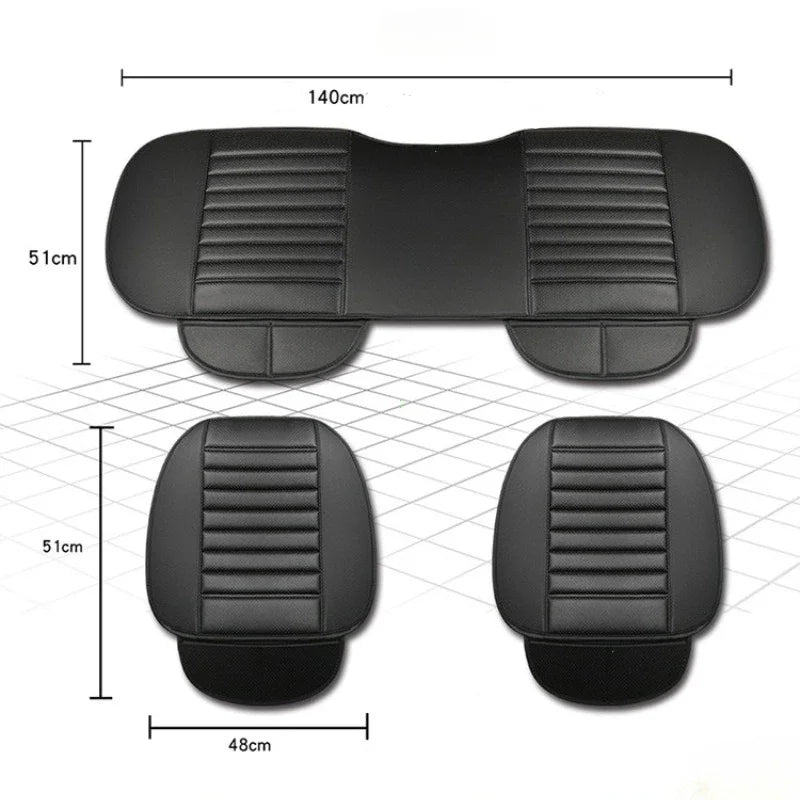 Black breathable PU leather car seat cover with ribbed texture shown in top and bottom views.