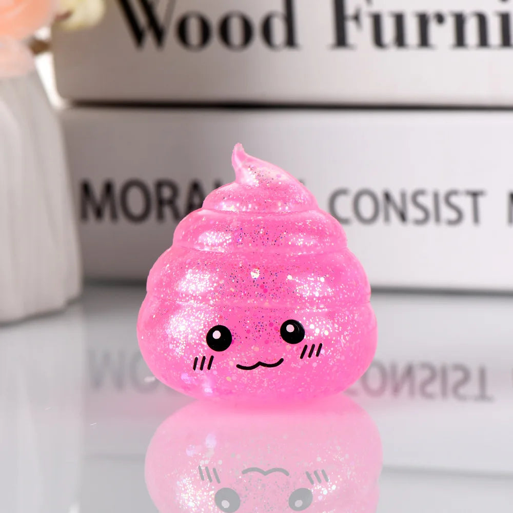 A bright pink squishy stress relief toy shaped like a smiling, textured swirl.