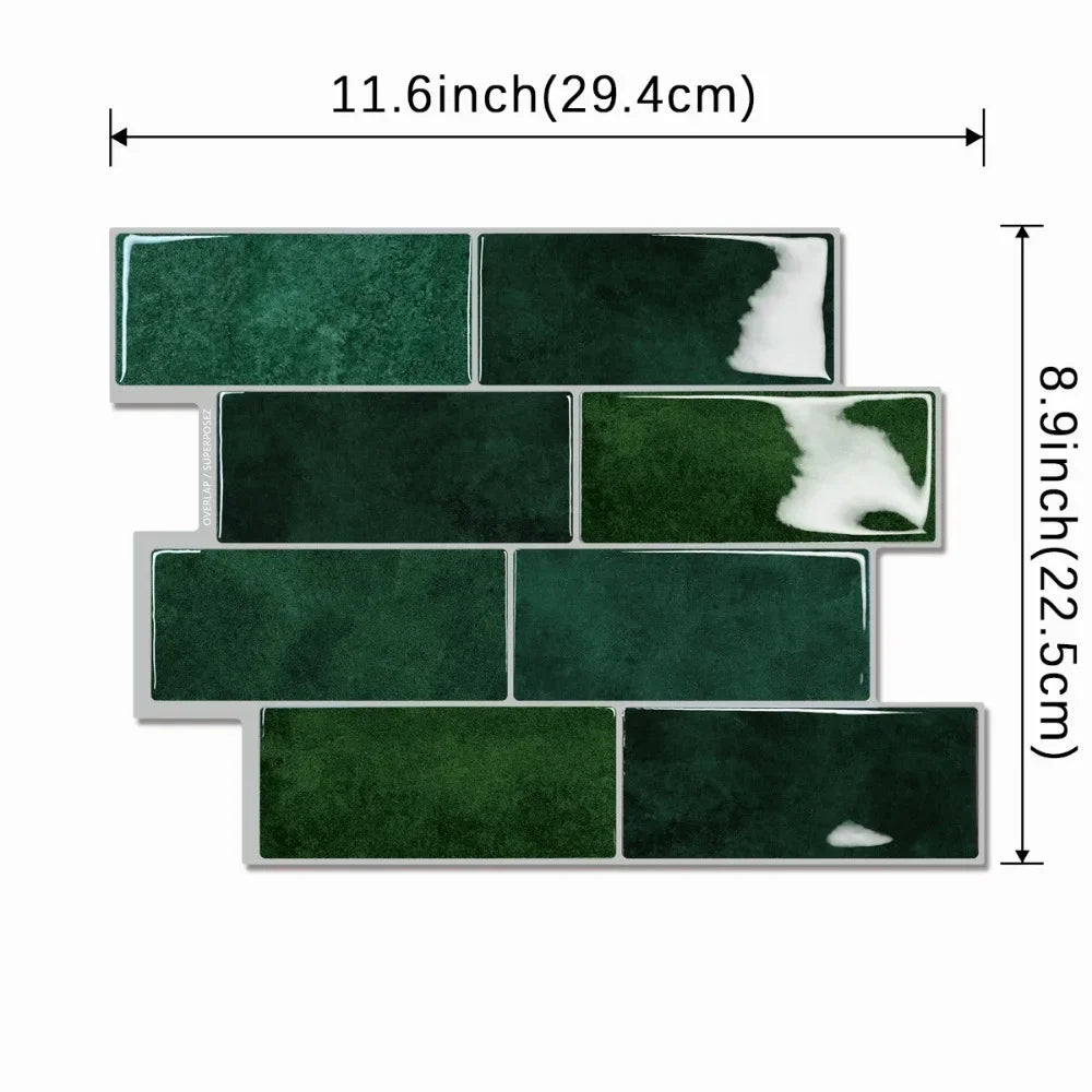 A set of rectangular green and white self-adhesive PVC tiles for wall decoration.