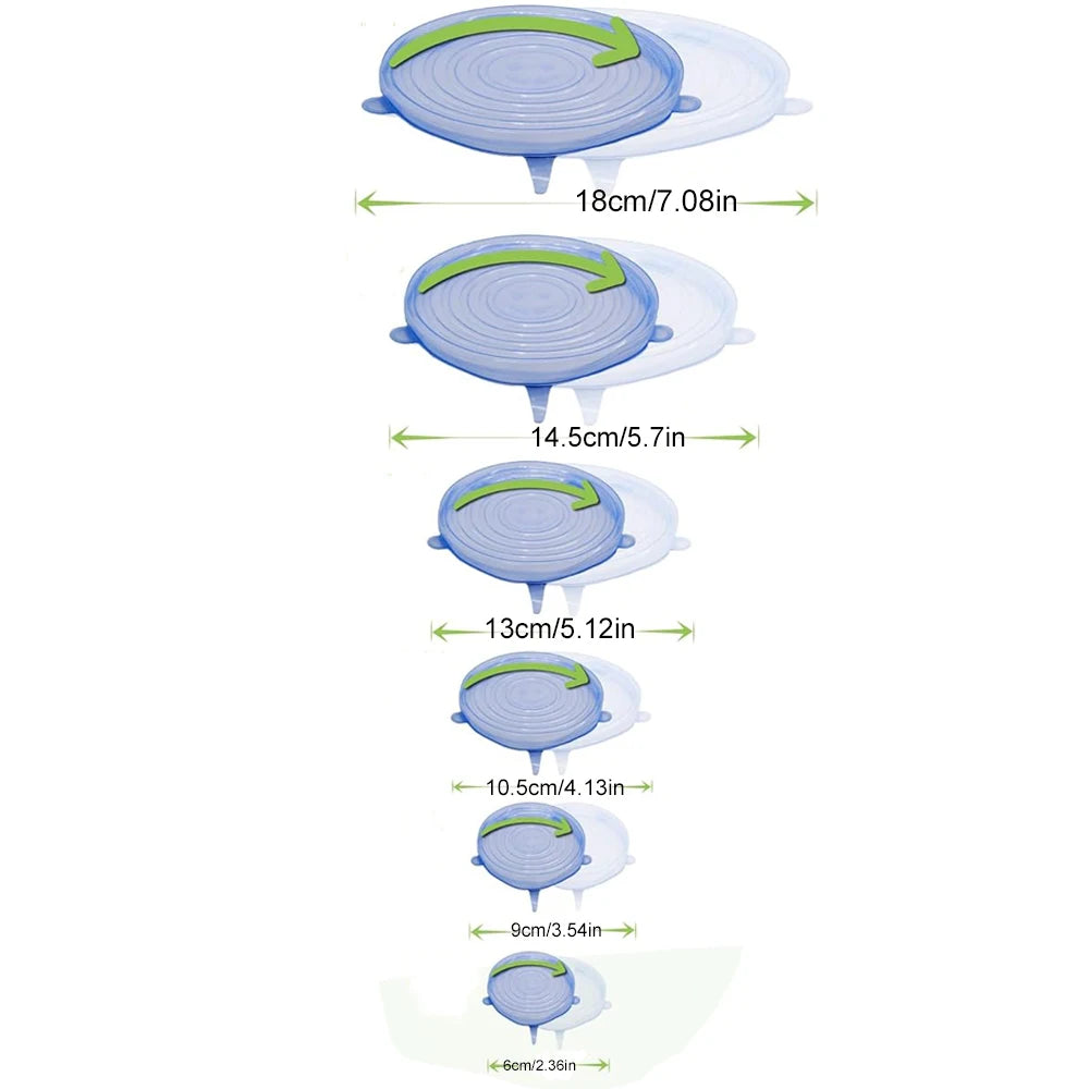 A set of six reusable silicone stretch lids shown in various sizes and angles.