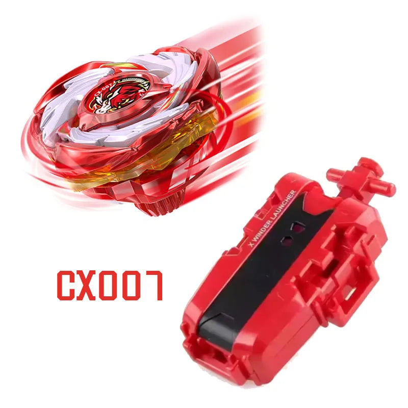 Red Beyblade Burst CX007 metal fighting top with launcher visible from above.