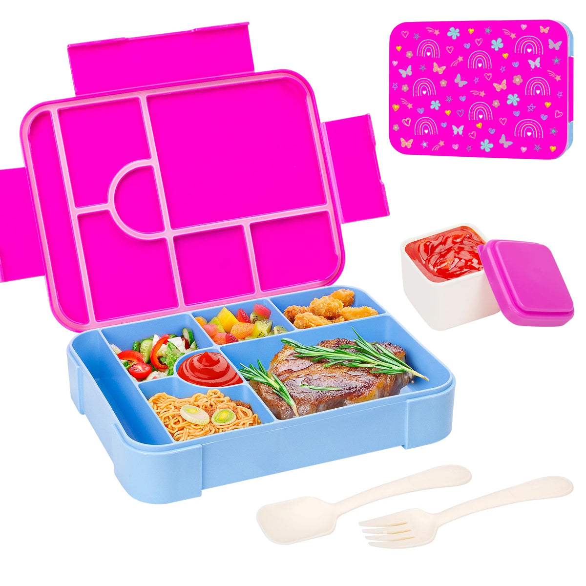 A pink and blue portable kids lunch box with divided compartments, including a lid and cutlery.