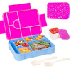 A pink and blue portable kids lunch box with divided compartments, including a lid and utensils.