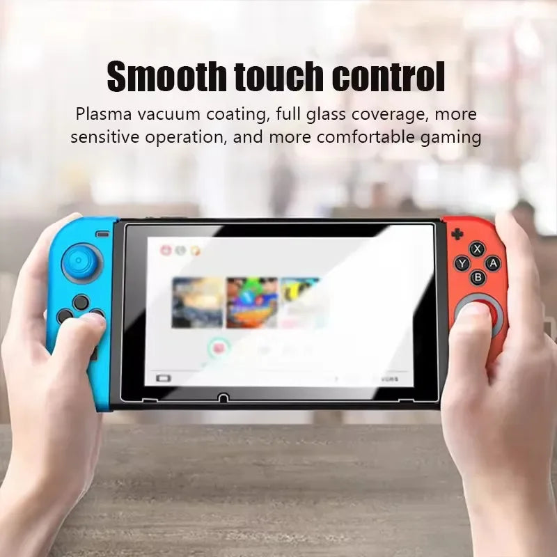 Hands holding a Nintendo Switch console with a clear screen protector installed, demonstrating smooth touch control.