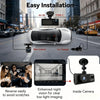 A 3-channel dash cam system showing front, interior, and rear coverage installation on a white car.