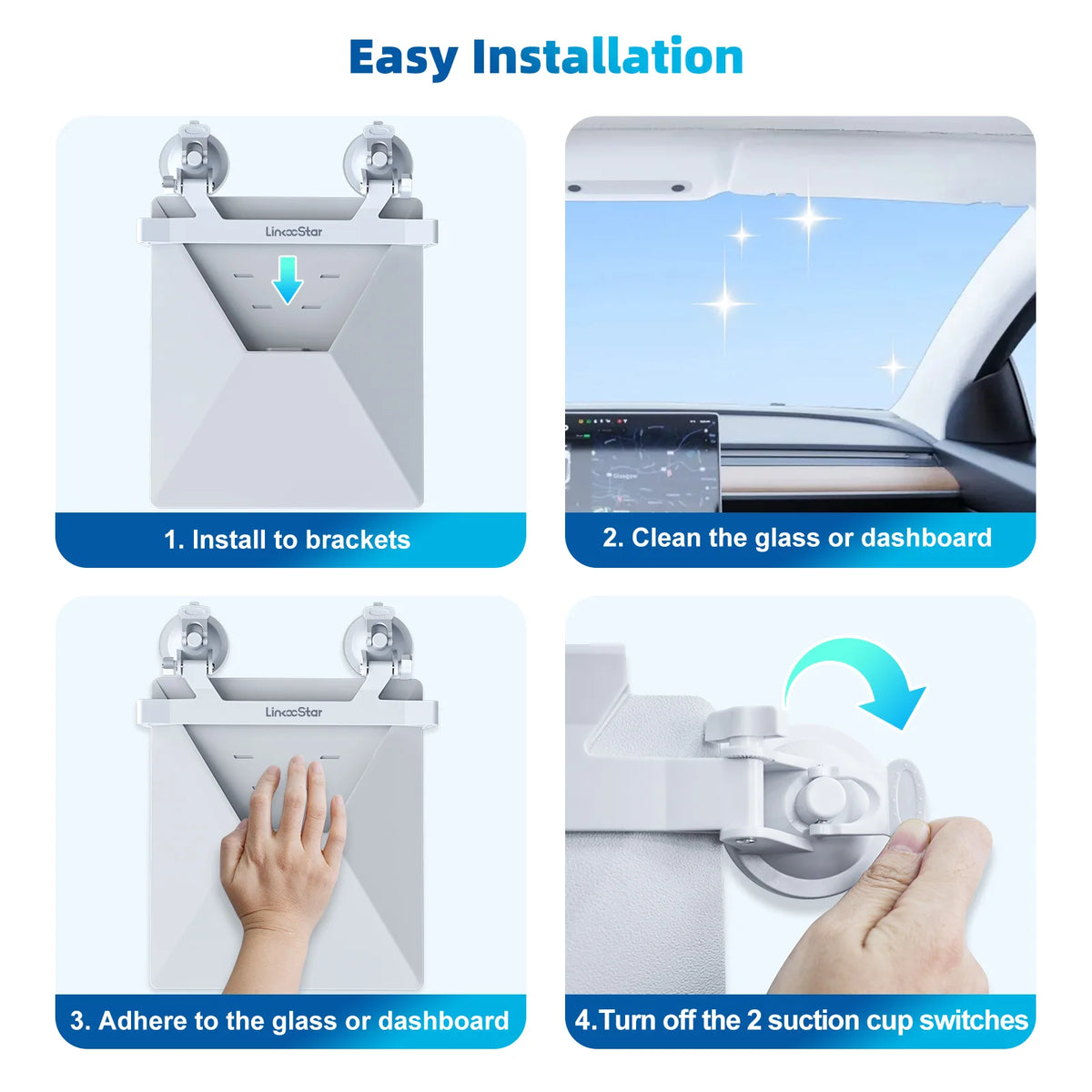 Instructions for easy installation of a Starlink Mini suction cup car mount onto glass or dashboard.