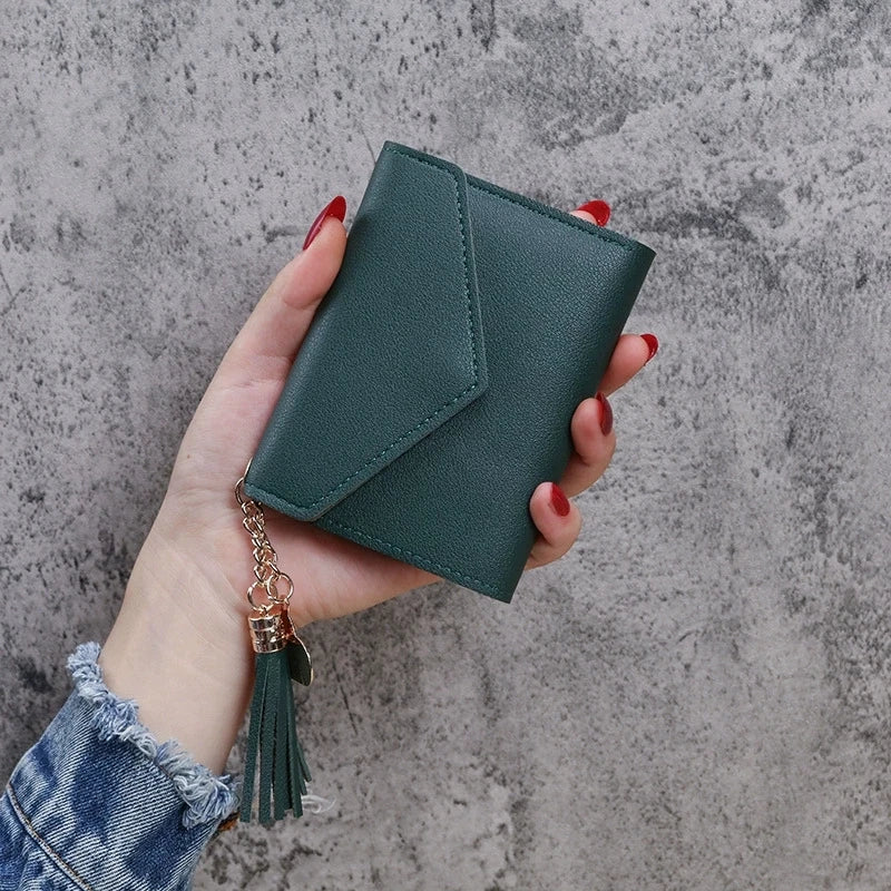 Compact PU Leather Clutch Wallet with Tassel