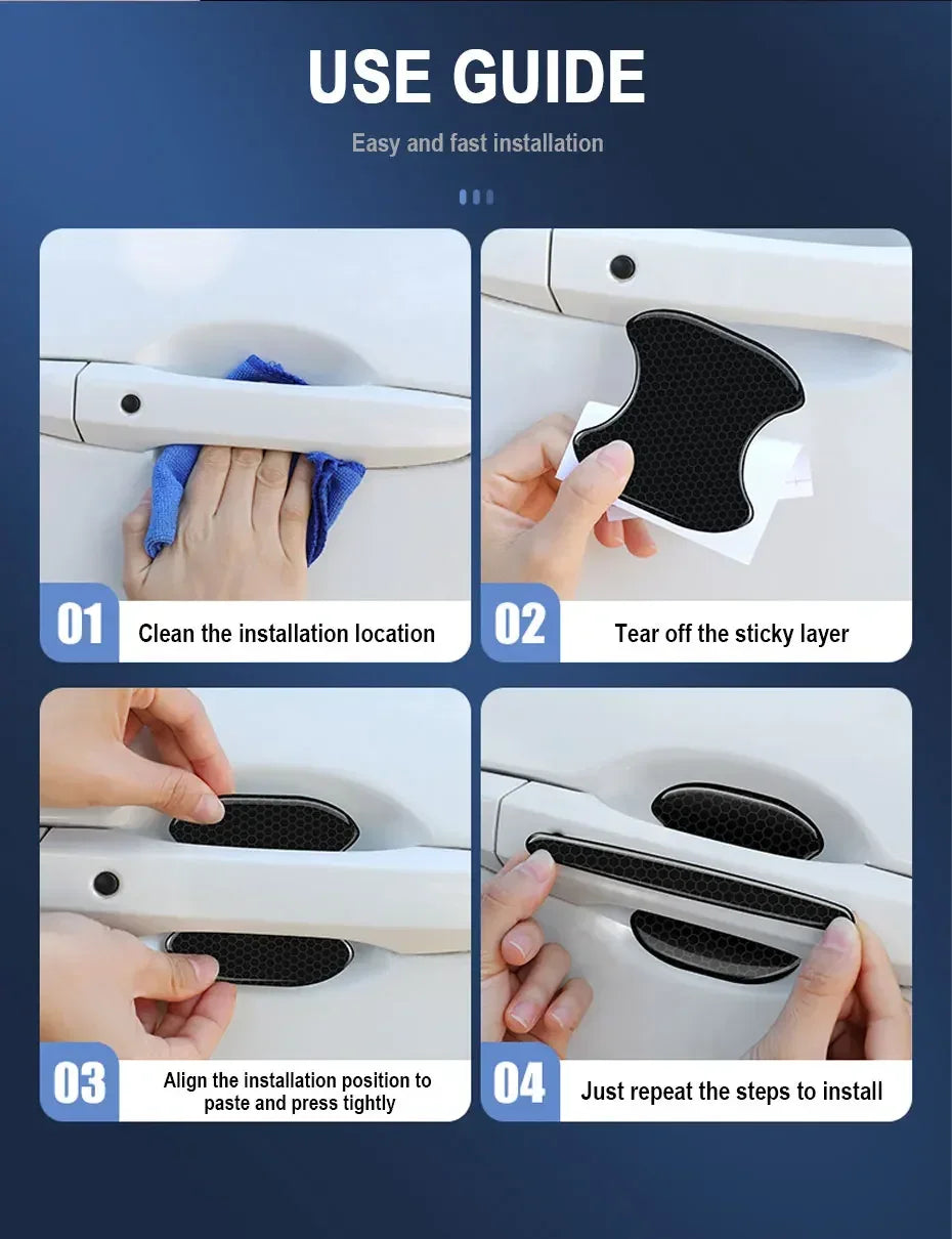 A four-step guide showing how to install carbon fiber car door handle protector stickers.