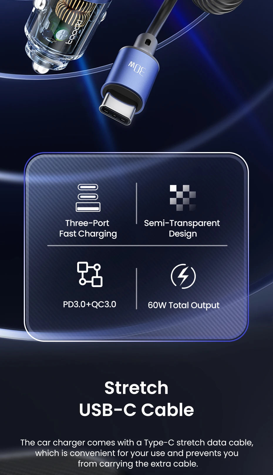 60W USB-C Car Charger with Built-In Spring Cable